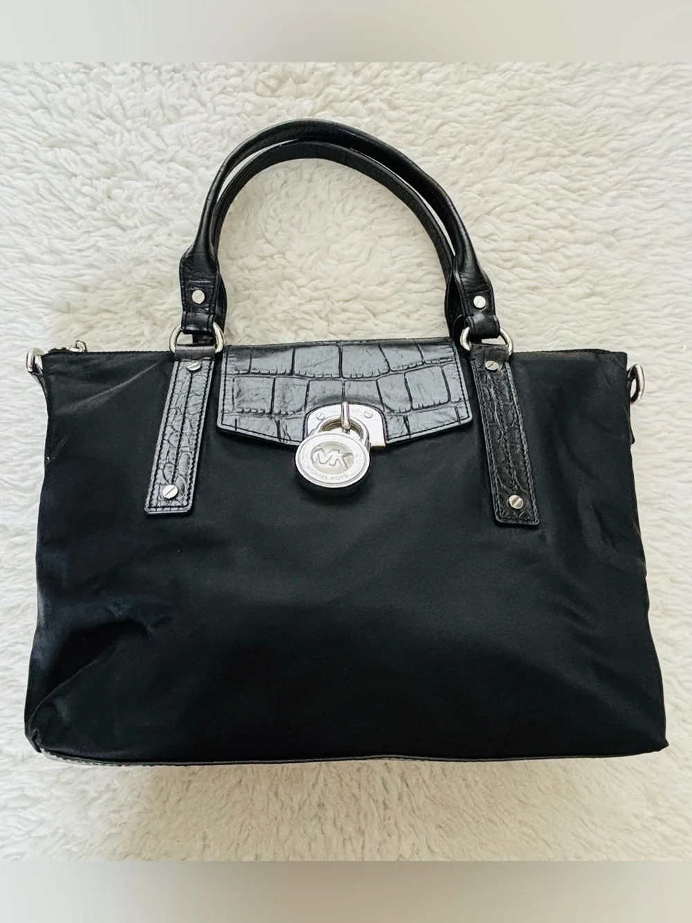 Michael Kors Black Tote with Croc-Trim Flap and Logo Lock